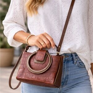 HOBO Brown Croc Embossed Leather small Crossbody Bag | Ring Handle Boho Purse